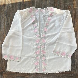 White Sheer Embroidered Pink Floral Trim Cardigan with Shoulder Pads